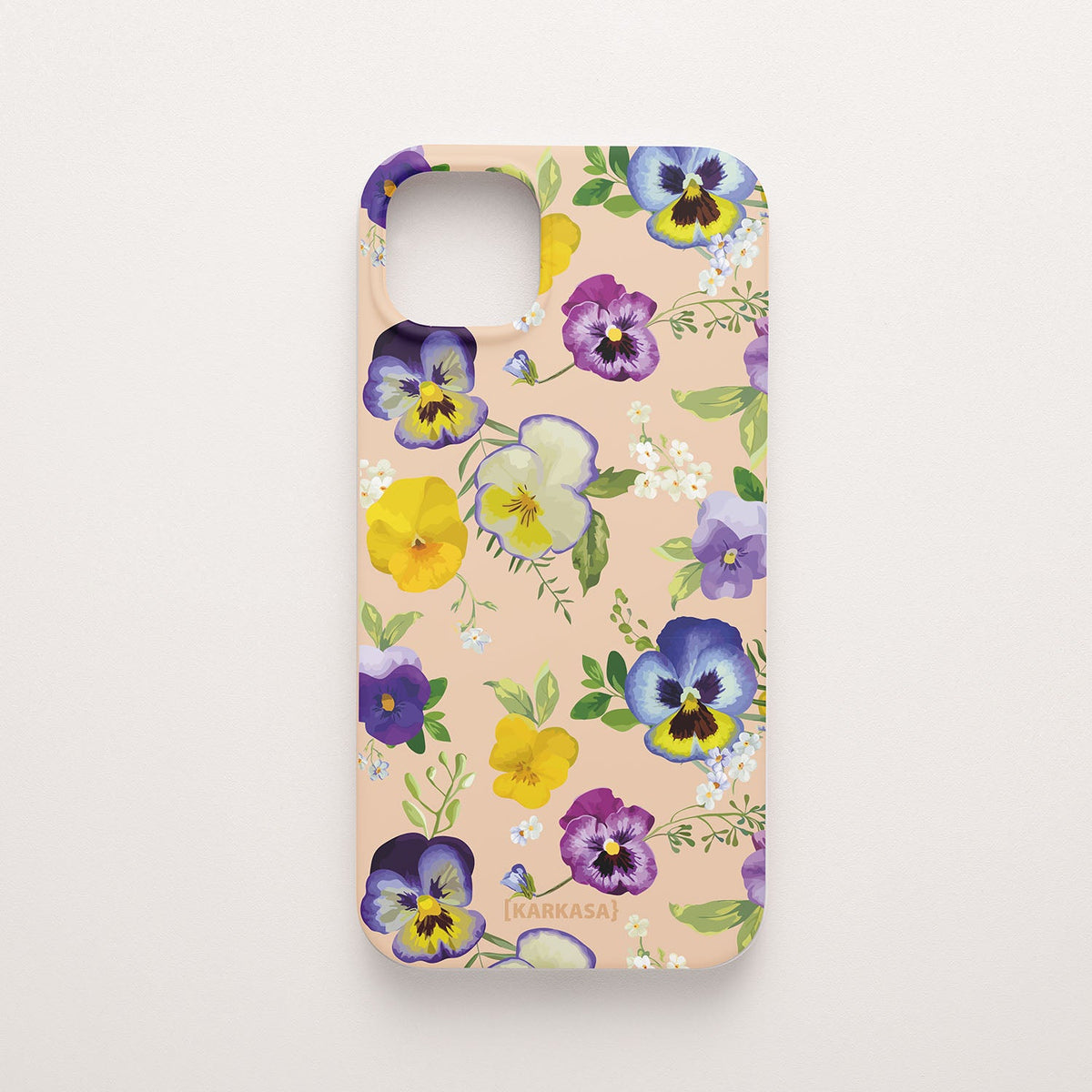Funda móvil Sueño de Pensamientos KARKASA en Silk Touch rosa nude con diseño floral de pensamientos de colores.