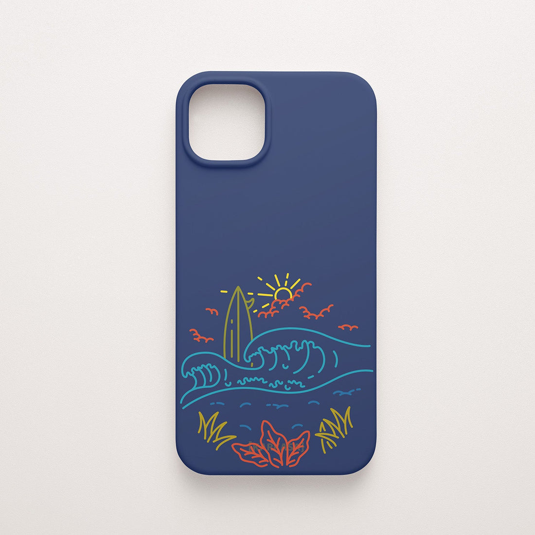 Funda KARKASA Silk Touch azul marino con dibujo lineal de neón de una tabla de surf, olas y sol. Carcasa estilo veraniego y surfero.