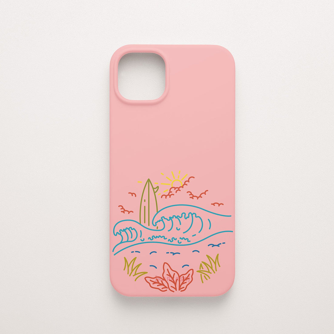 Funda KARKASA Silk Touch rosa chicle con dibujo lineal de neón de una tabla de surf, olas y sol. Carcasa estilo veraniego y surfero.