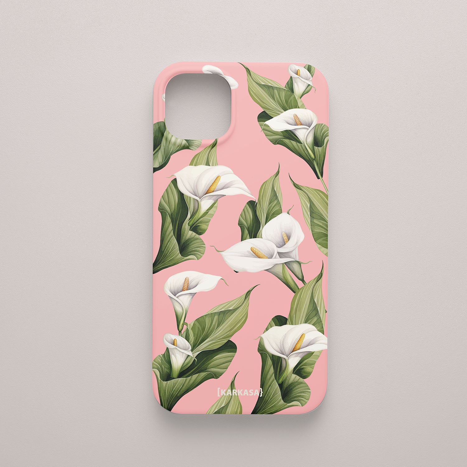 Funda móvil Susurro de Calas KARKASA en Silk Touch rosa chicle con diseño floral de calas blancas y hojas verdes