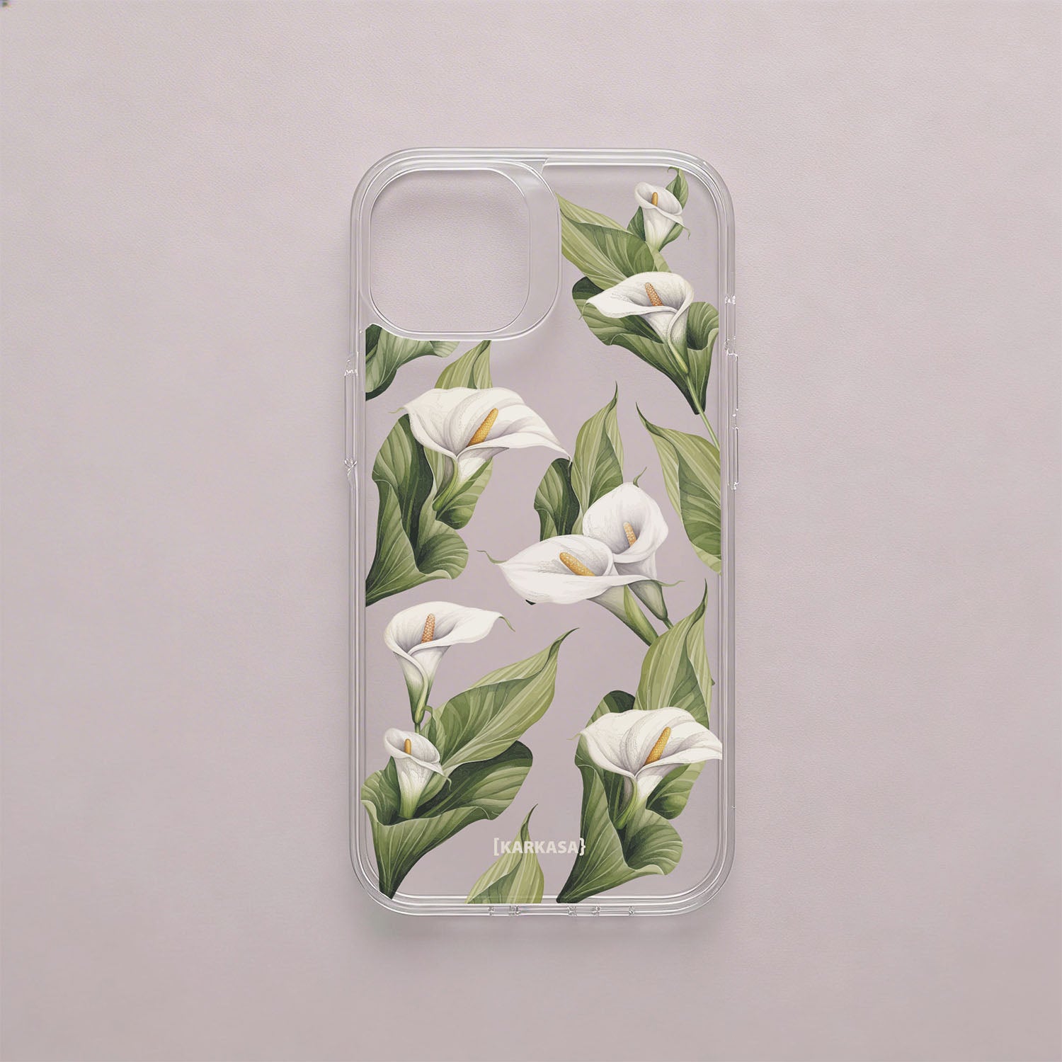 Funda móvil Susurro de Calas KARKASA en Crystal Shield transparente antigolpes con diseño floral de calas blancas y hojas verdes