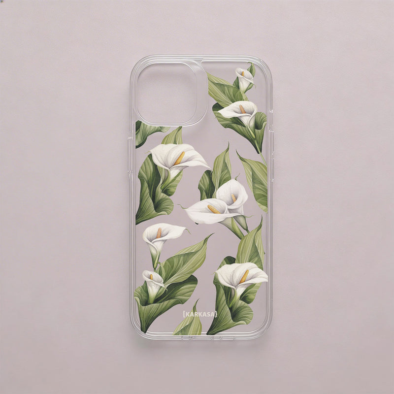 Funda móvil Susurro de Calas KARKASA en Crystal Shield transparente antigolpes con diseño floral de calas blancas y hojas verdes