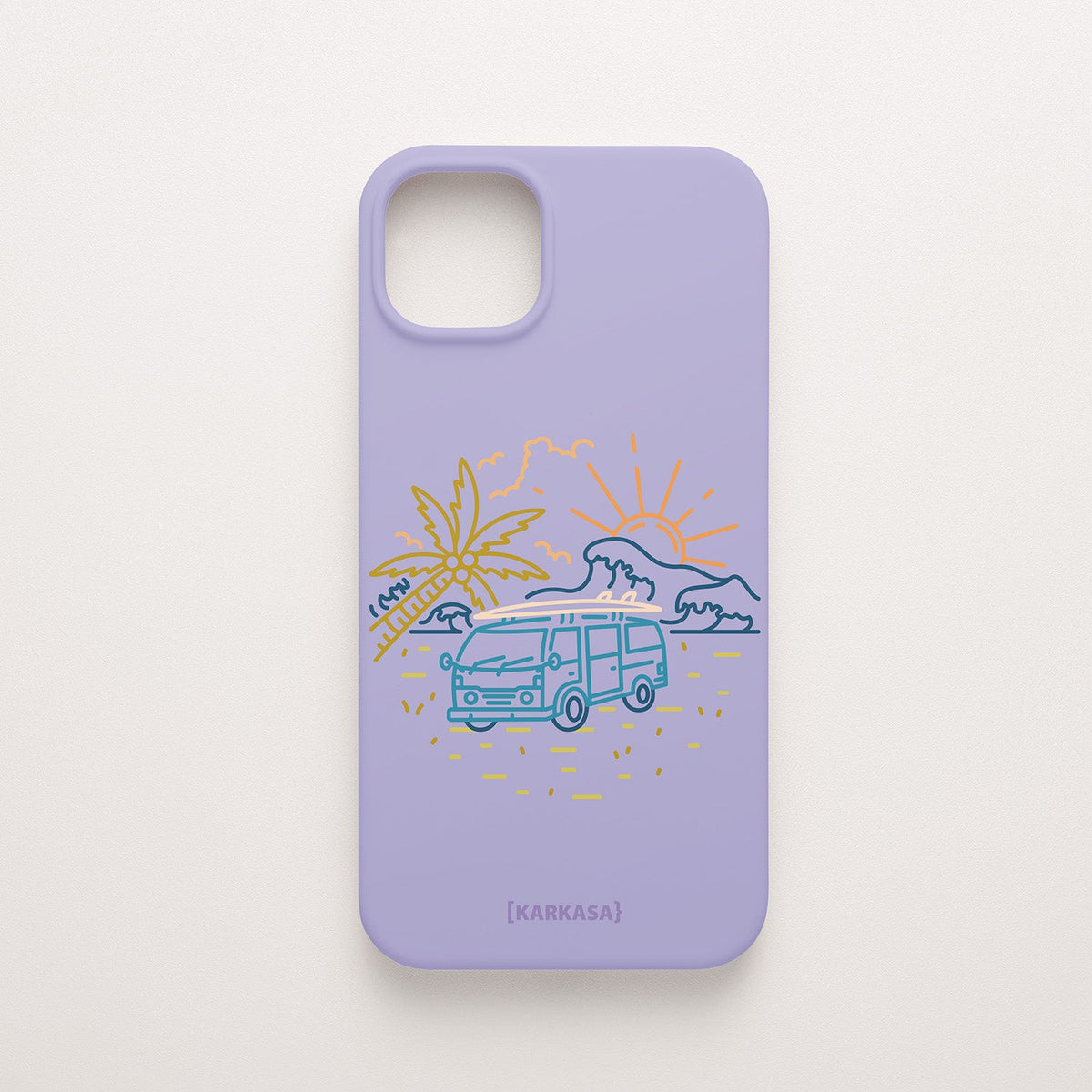 Funda KARKASA Silk Touch lila con dibujo lineal de una furgoneta camper vintage, palmeras y sol. Carcasa estilo surf y van life.