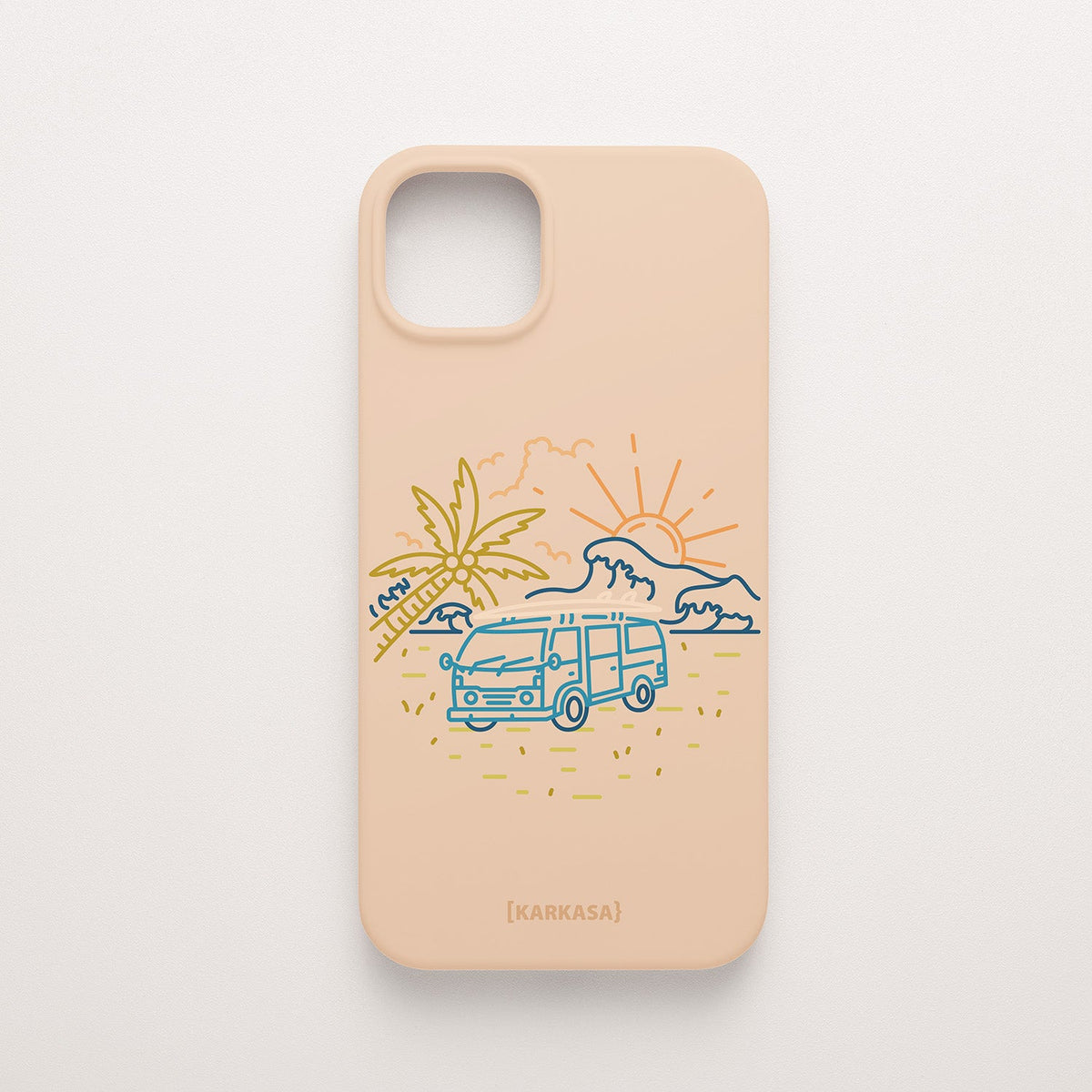 Funda KARKASA Silk Touch rosa nude con dibujo lineal de una furgoneta camper vintage, palmeras y sol. Carcasa estilo surf y van life.