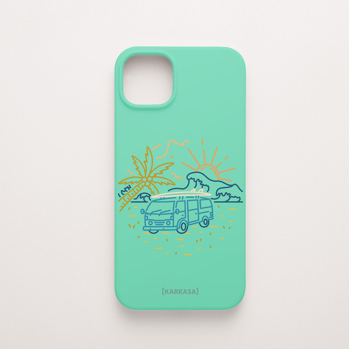 Funda KARKASA Silk Touch verde menta con dibujo lineal de una furgoneta camper vintage, palmeras y sol. Carcasa estilo surf y van life.