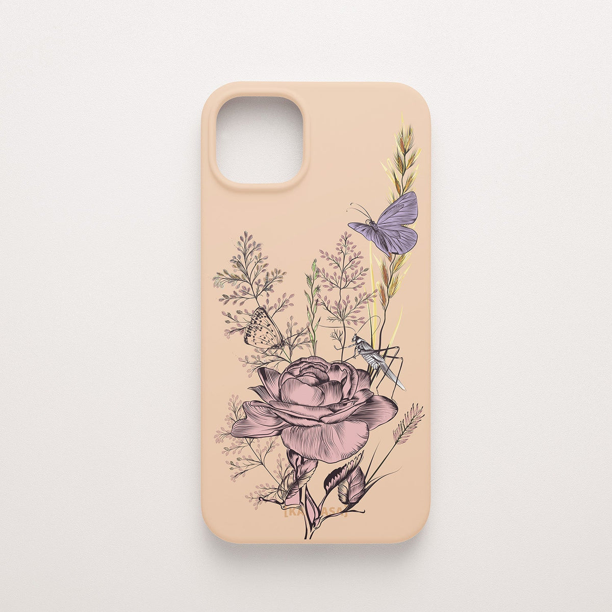 Funda KARKASA Silk Touch rosa nude con ilustración estilo grabado de una rosa, una mariposa y un saltamontes. Carcasa diseño naturaleza vintage.