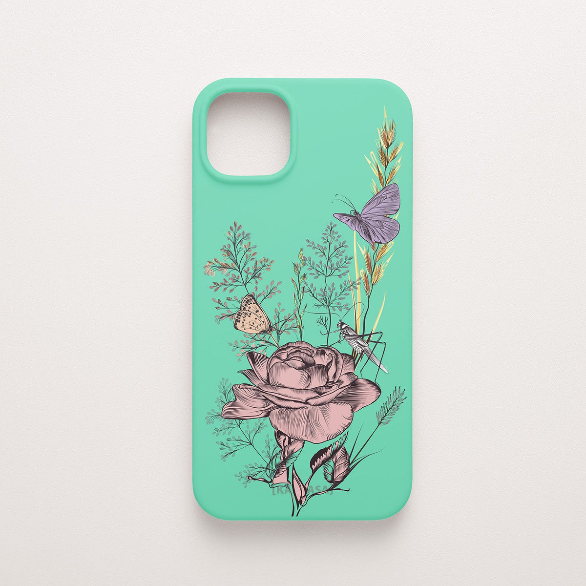 Funda KARKASA Silk Touch verde menta con ilustración estilo grabado de una rosa, una mariposa y un saltamontes. Carcasa diseño naturaleza vintage.