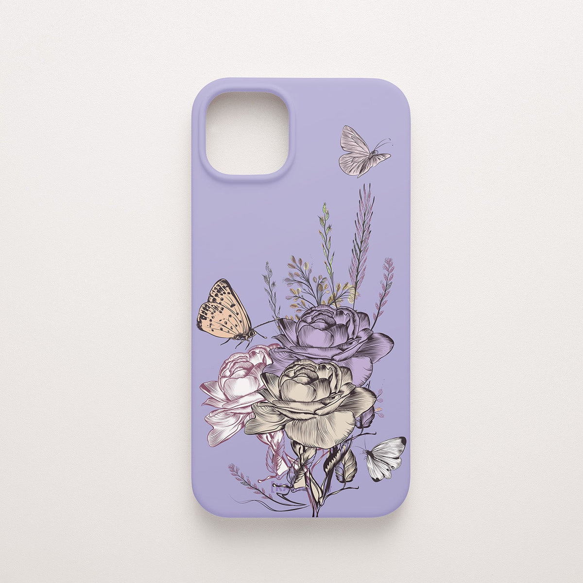 Funda KARKASA Silk Touch lila con ilustración estilo grabado antiguo de rosas y mariposas en tonos morados. Carcasa floral vintage.