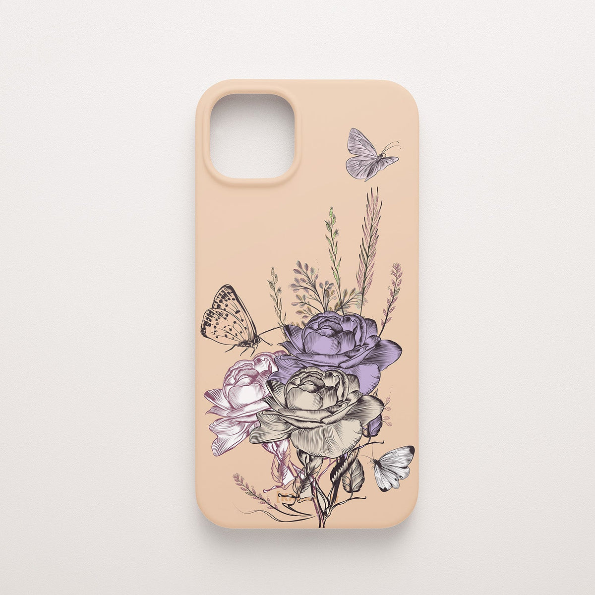 Funda KARKASA Silk Touch rosa nude con ilustración estilo grabado antiguo de rosas y mariposas en tonos morados. Carcasa floral vintage.