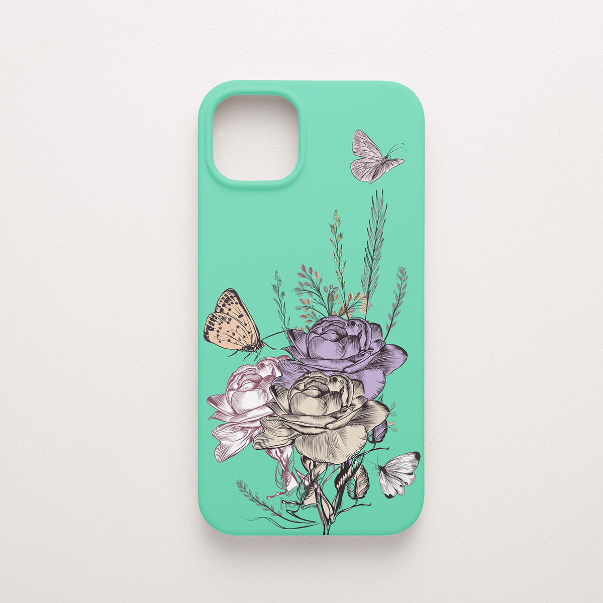 Funda KARKASA Silk Touch verde menta con ilustración estilo grabado antiguo de rosas y mariposas en tonos morados. Carcasa floral vintage.
