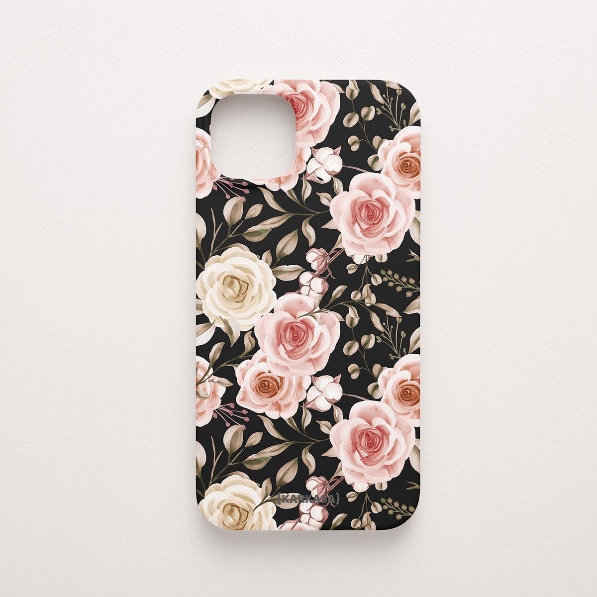 Funda KARKASA Silk Touch negra con diseño Vintage Roses de flores suaves. Carcasa protectora de silicona mate para smartphone.