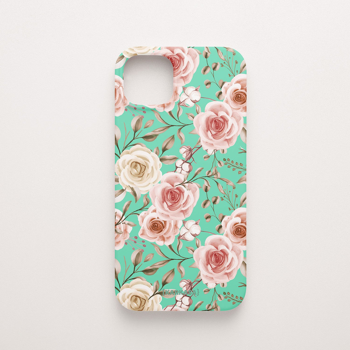 Funda KARKASA Silk Touch verde menta con diseño Vintage Roses de flores suaves. Carcasa protectora de silicona mate para smartphone.
