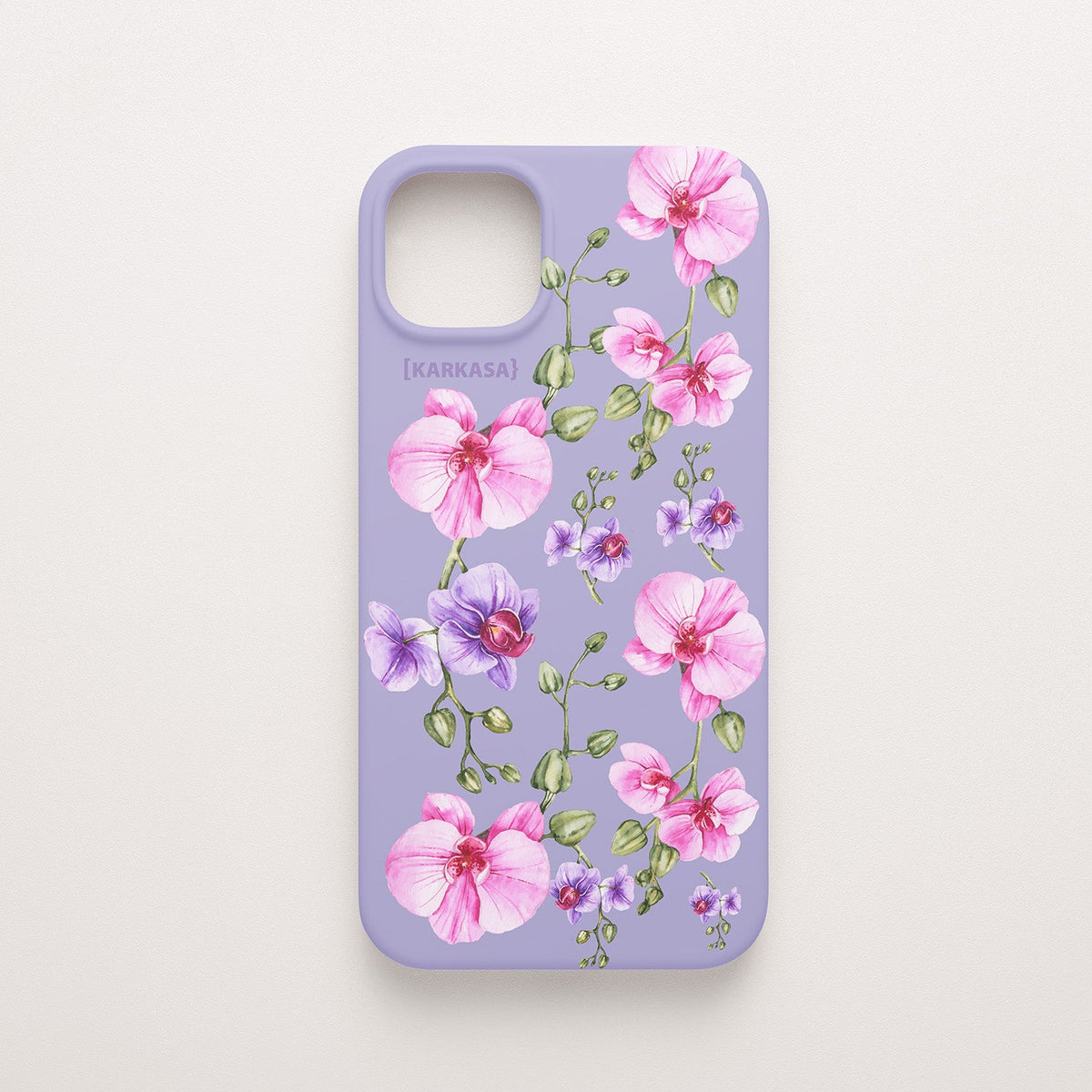 Funda KARKASA Silk Touch lila con pintura de orquídeas rosas y tallos verdes estilo acuarela. Carcasa floral artística.