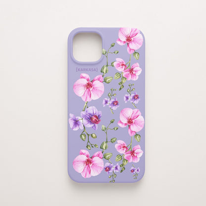 Funda KARKASA Silk Touch lila con pintura de orquídeas rosas y tallos verdes estilo acuarela. Carcasa floral artística.