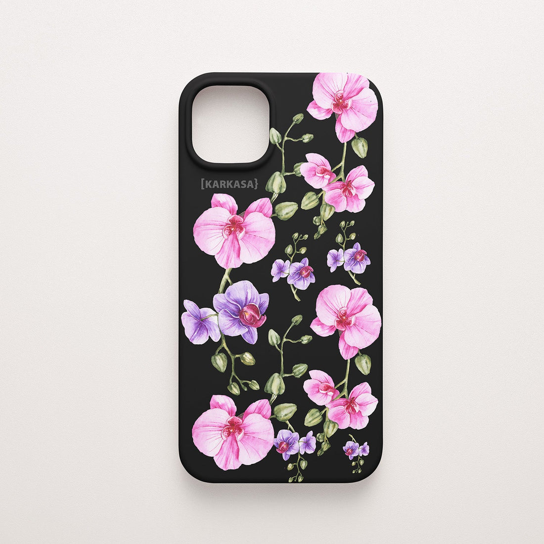 Funda KARKASA Silk Touch negra con pintura de orquídeas rosas y tallos verdes estilo acuarela. Carcasa floral artística.