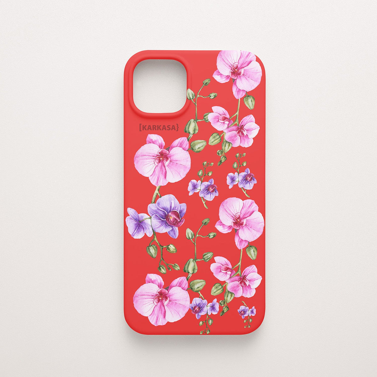 Funda KARKASA Silk Touch roja con pintura de orquídeas rosas y tallos verdes estilo acuarela. Carcasa floral artística.