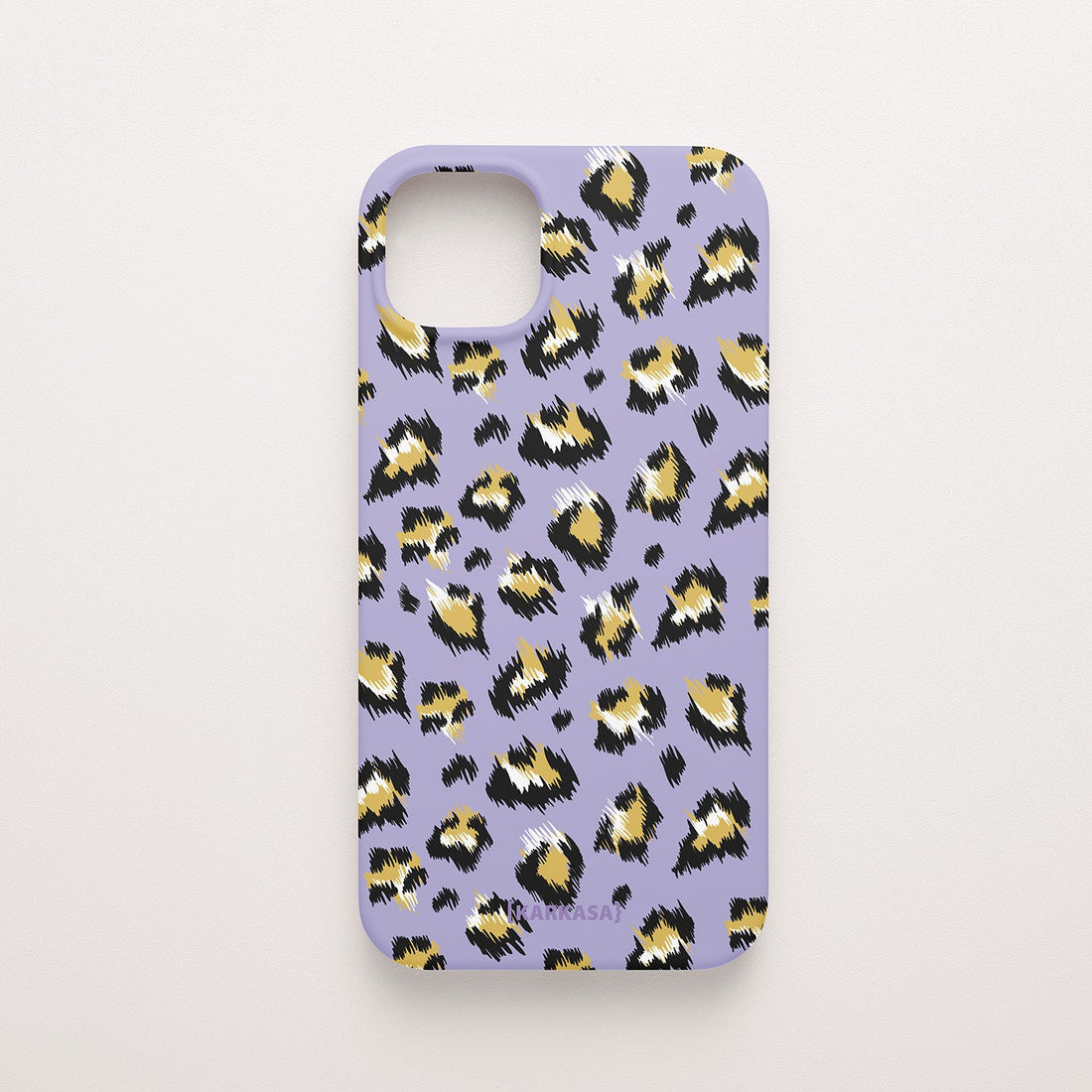 Funda KARKASA Silk Touch lila con estampado de leopardo moderno en negro y amarillo. Carcasa mate de silicona animal print vibrante.