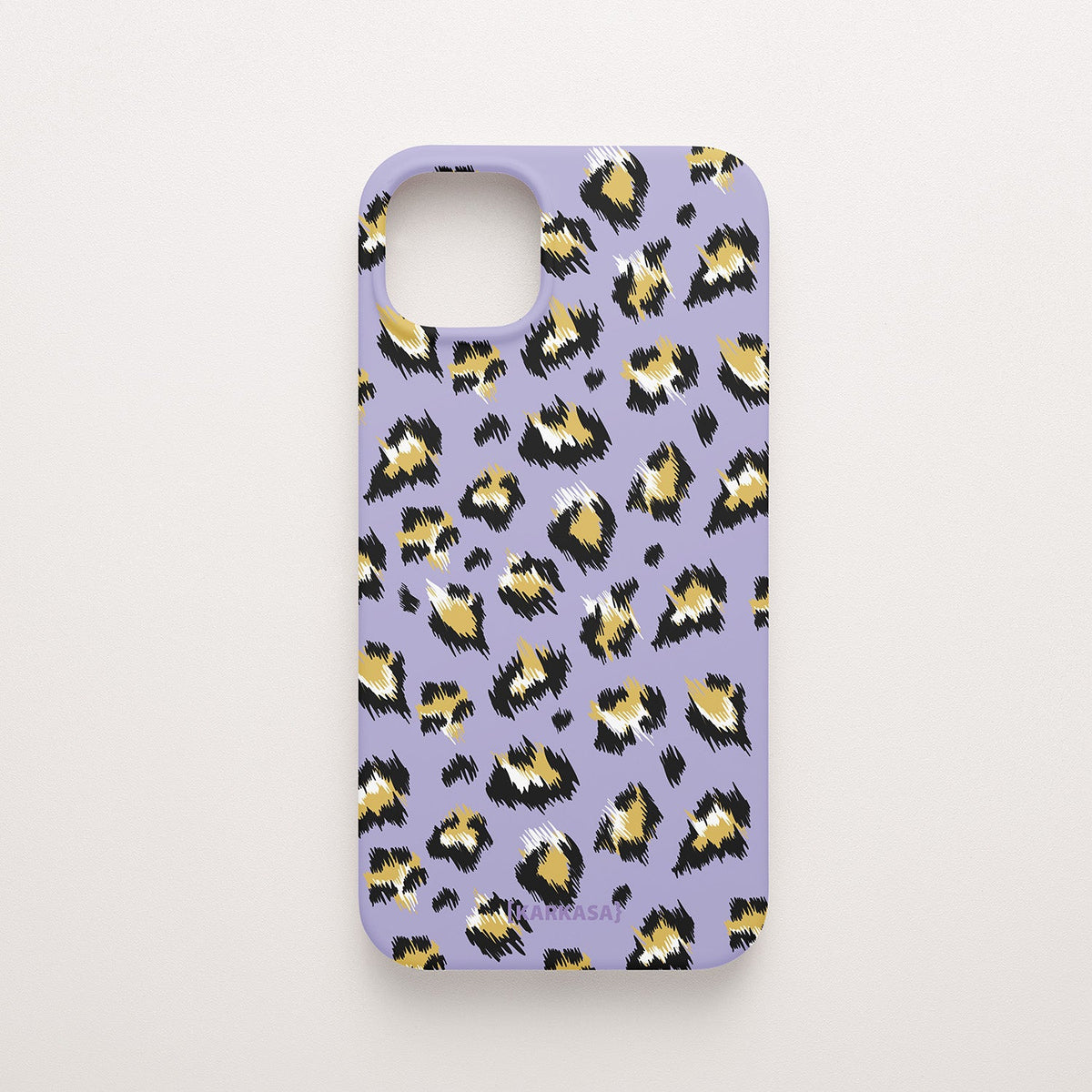 Funda KARKASA Silk Touch lila con estampado de leopardo moderno en negro y amarillo. Carcasa mate de silicona animal print vibrante.