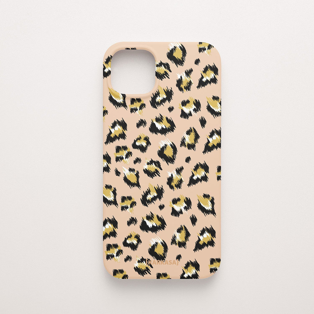 Funda KARKASA Silk Touch rosa nude con estampado de leopardo moderno en negro y amarillo. Carcasa mate de silicona animal print vibrante.