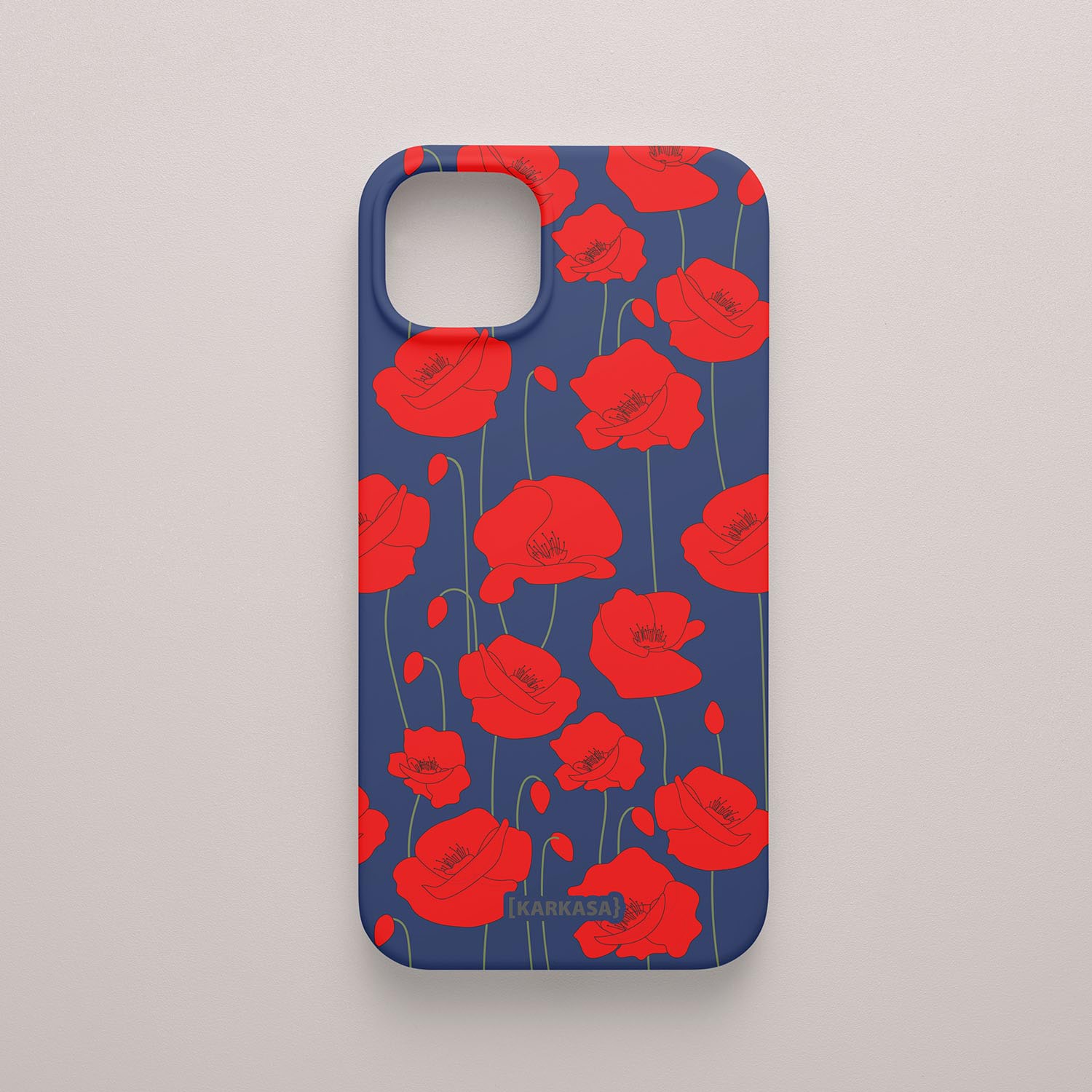 Funda KARKASA Silk Touch azul marina con estampado vibrante de amapolas rojas. Carcasa diseño floral rojo.
