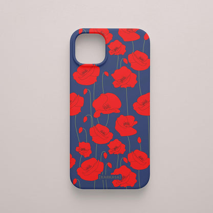Funda KARKASA Silk Touch azul marina con estampado vibrante de amapolas rojas. Carcasa diseño floral rojo.