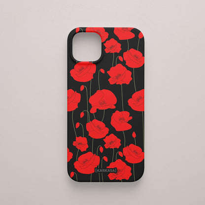 Funda KARKASA Silk Touch negra con estampado vibrante de amapolas rojas. Carcasa diseño floral rojo.