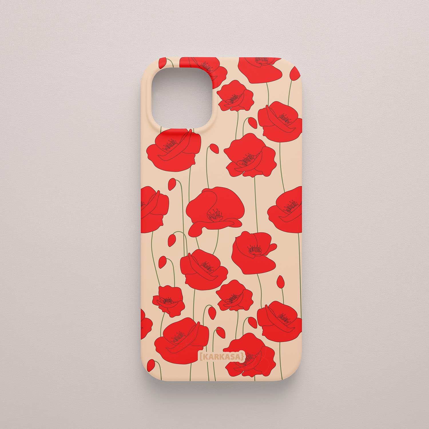 Funda KARKASA Silk Touch rosa nude con estampado vibrante de amapolas rojas. Carcasa diseño floral rojo.