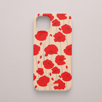 Funda KARKASA Silk Touch rosa nude con estampado vibrante de amapolas rojas. Carcasa diseño floral rojo.
