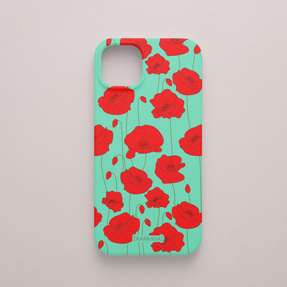 Funda KARKASA Silk Touch verde menta con estampado vibrante de amapolas rojas. Carcasa diseño floral rojo.