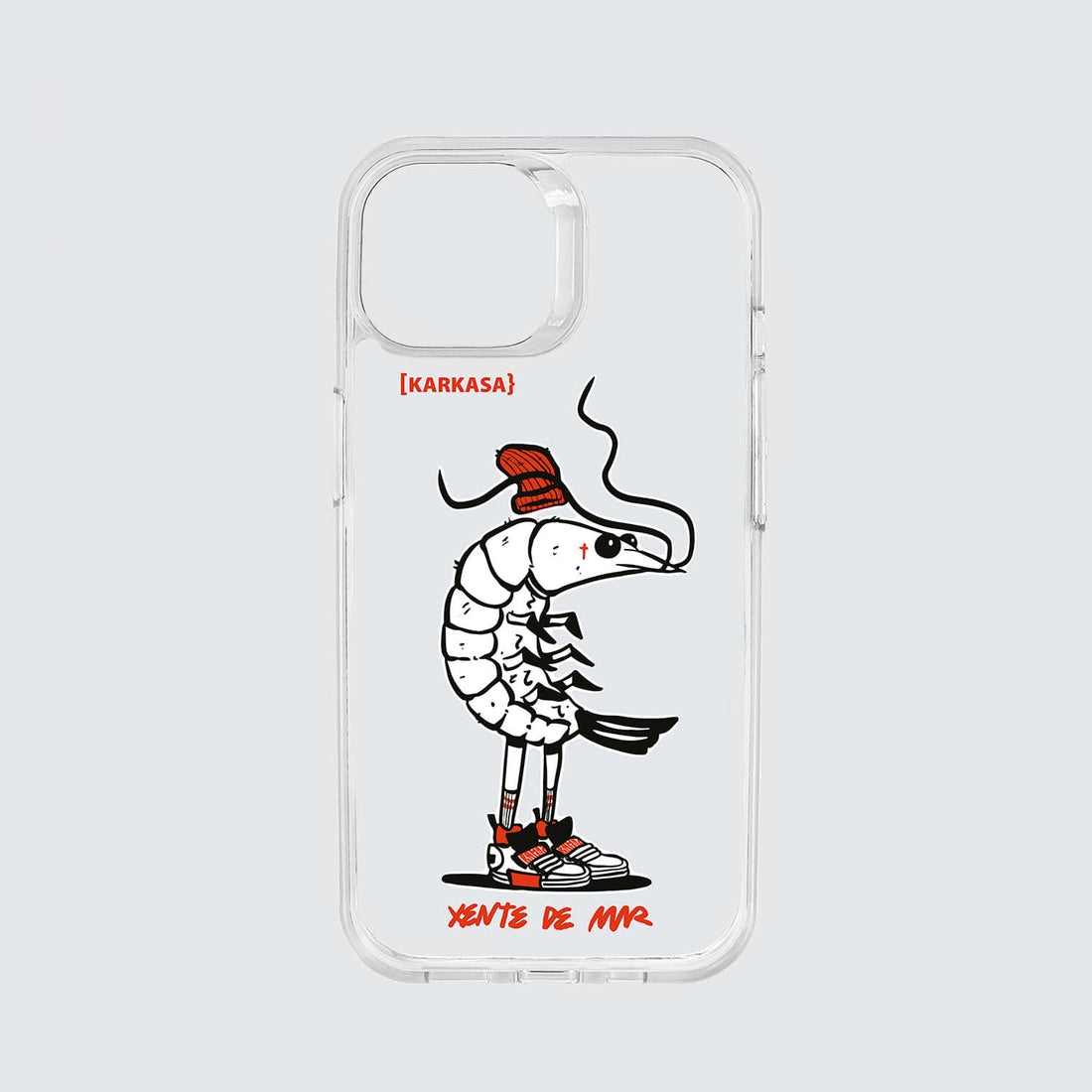 Funda transparente con ilustración de un langostino con gorro naranja estilo portuario y zapatillas negras, diseño de Ramaz.
