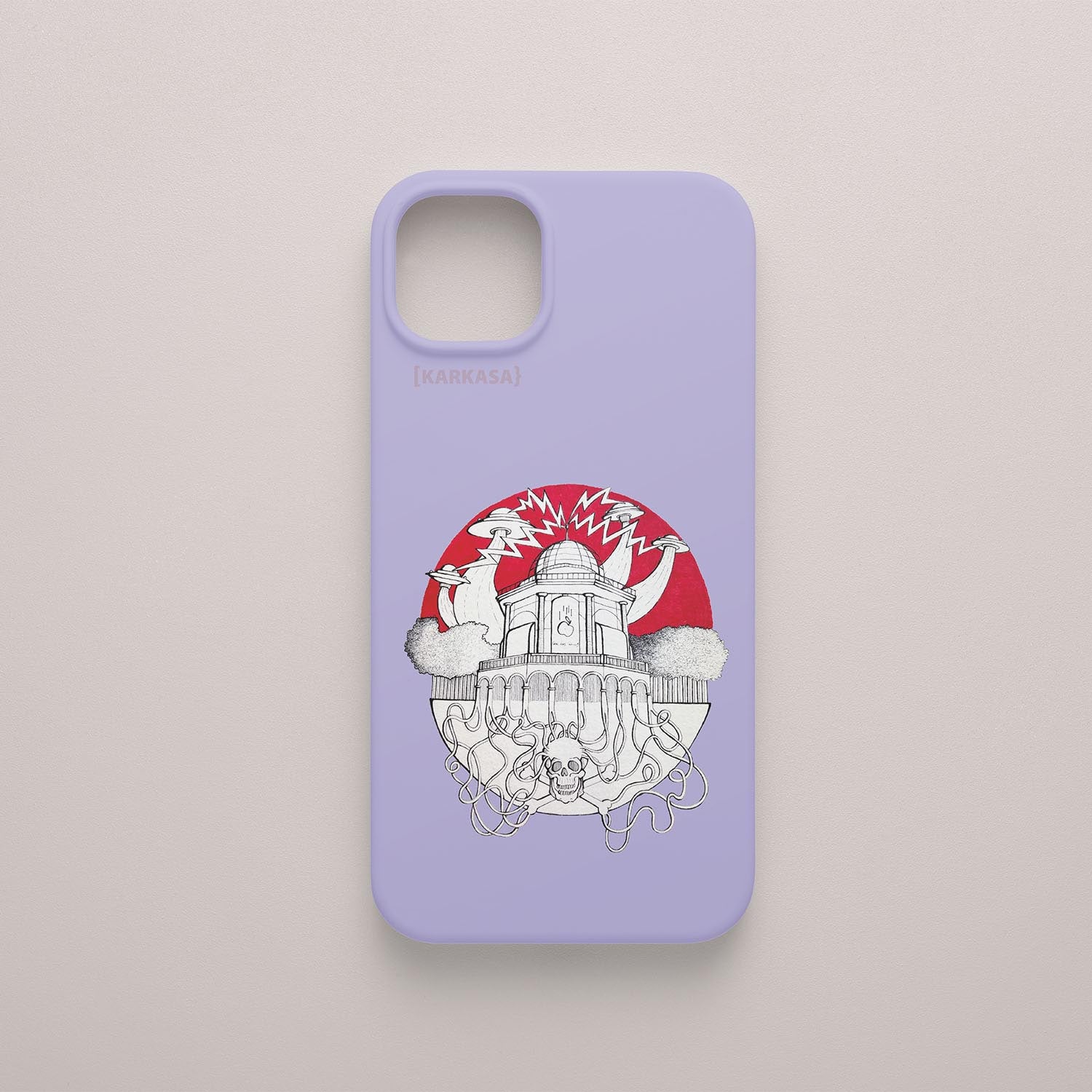 Funda KARKASA lila con ilustración de Daniel Buitrón: Casa de las Ciencias de A Coruña estilo surrealista con OVNIs, tentáculos y un sol rojo.