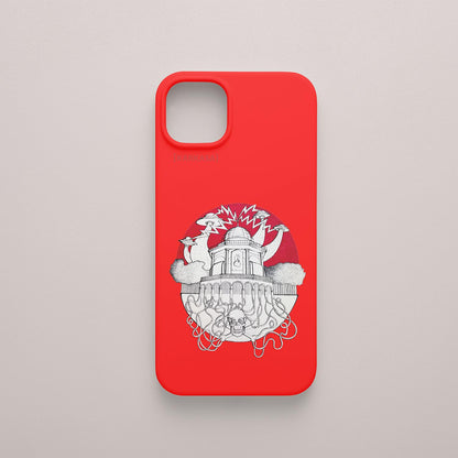 Funda KARKASA roja con ilustración de Daniel Buitrón: Casa de las Ciencias de A Coruña estilo surrealista con OVNIs, tentáculos y un sol rojo.