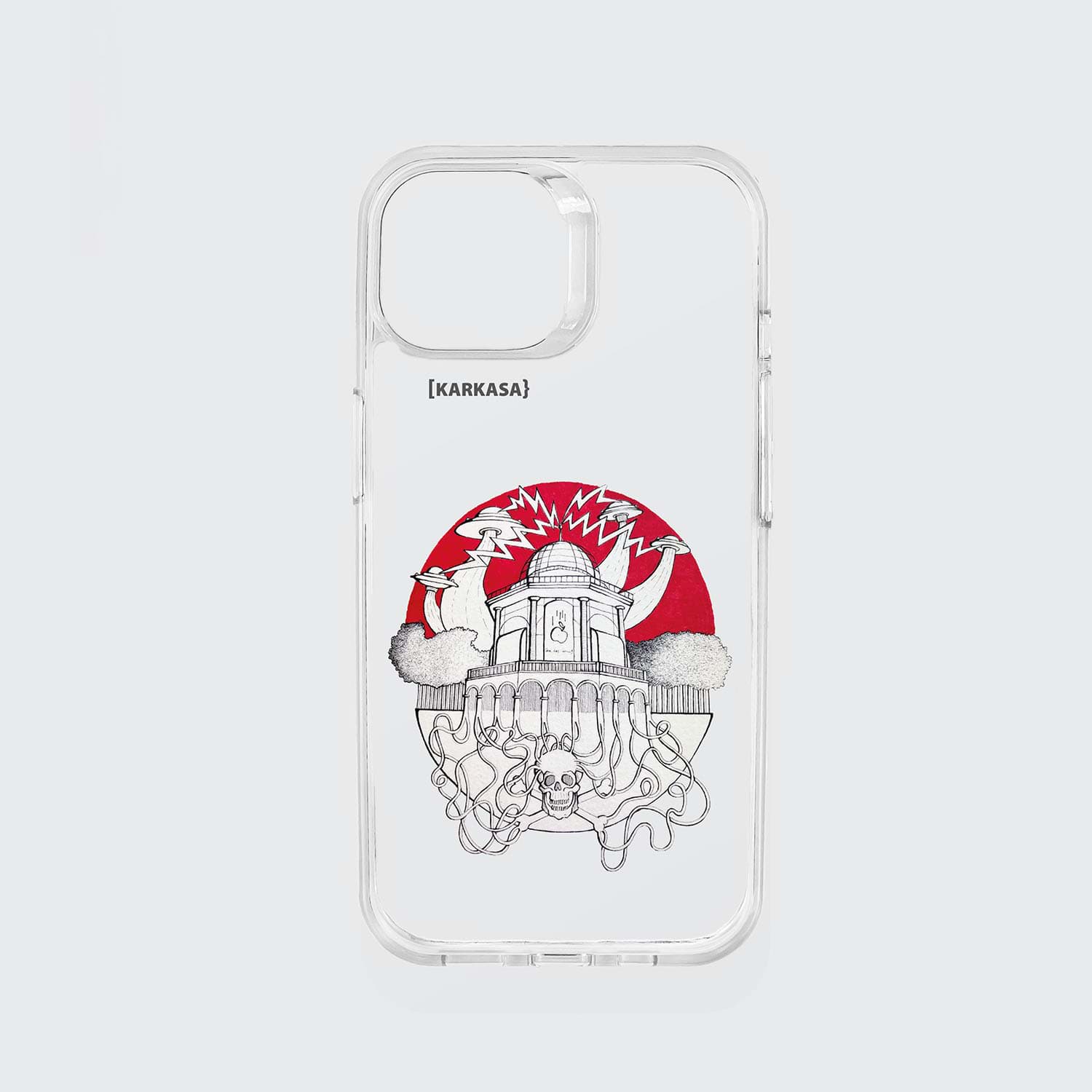 Funda KARKASA transparente antigolpes con ilustración de Daniel Buitrón: Casa de las Ciencias de A Coruña estilo surrealista con OVNIs, tentáculos y un sol rojo.