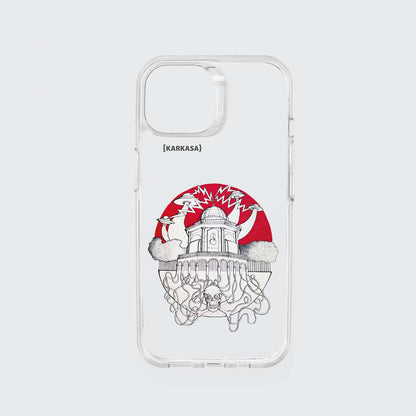 Funda KARKASA transparente antigolpes con ilustración de Daniel Buitrón: Casa de las Ciencias de A Coruña estilo surrealista con OVNIs, tentáculos y un sol rojo.