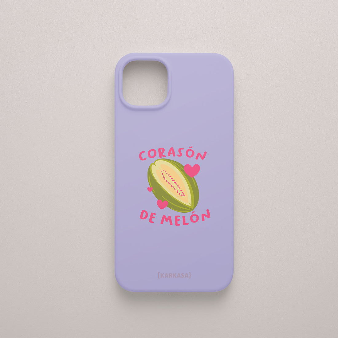 Funda móvil lila KARKASA con diseño Corason de Melon, corazones rosas y melón ilustrado de Son un Toxo.