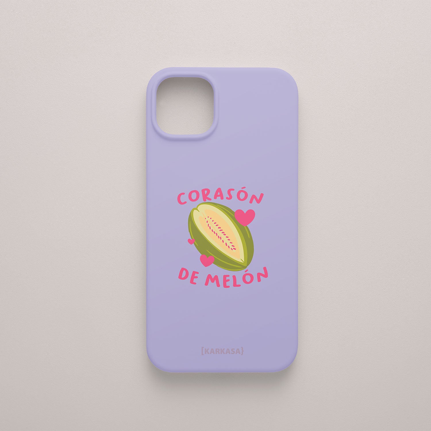 Funda móvil lila KARKASA con diseño Corason de Melon, corazones rosas y melón ilustrado de Son un Toxo.