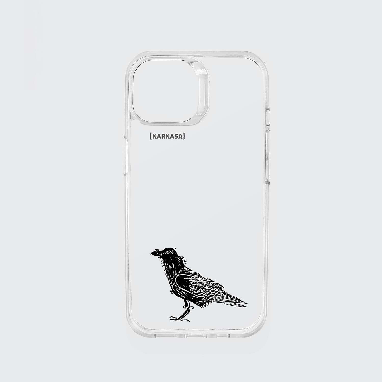 Funda KARKASA transparente antigolpes con ilustración minimalista de un cuervo negro posado, dibujo en tinta del artista Daniel Buitrón.