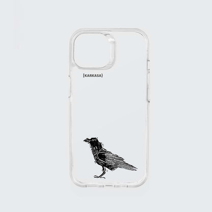 Funda KARKASA transparente antigolpes con ilustración minimalista de un cuervo negro posado, dibujo en tinta del artista Daniel Buitrón.