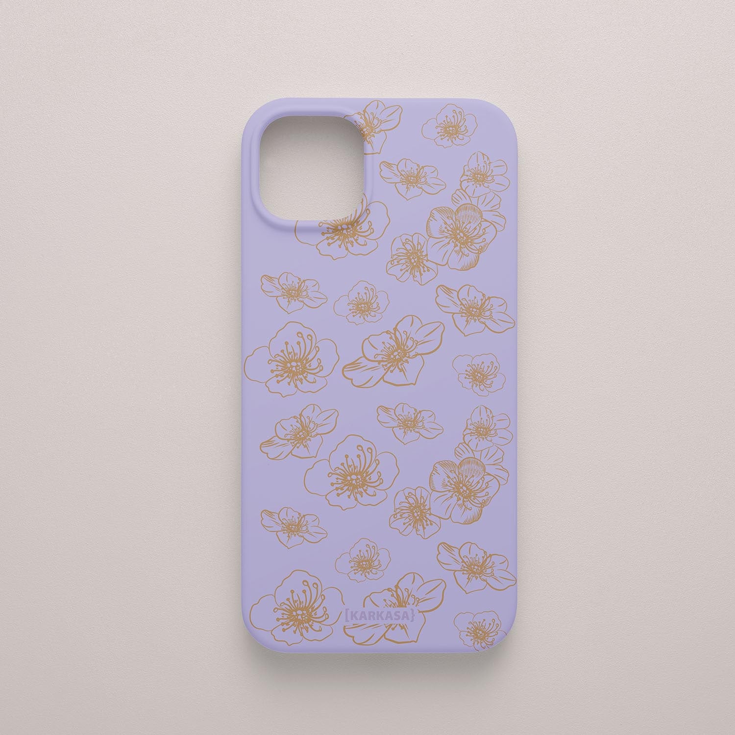 Funda KARKASA Silk Touch lila con dibujo de flores exóticas en trazo lineal dorado. Carcasa mate de silicona estilo artístico.