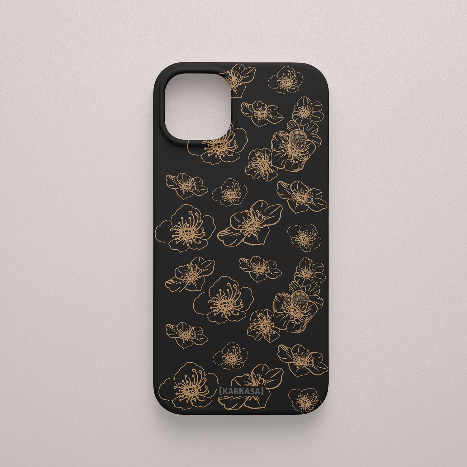 Funda KARKASA Silk Touch negra con dibujo de flores exóticas en trazo lineal dorado. Carcasa mate de silicona estilo artístico.