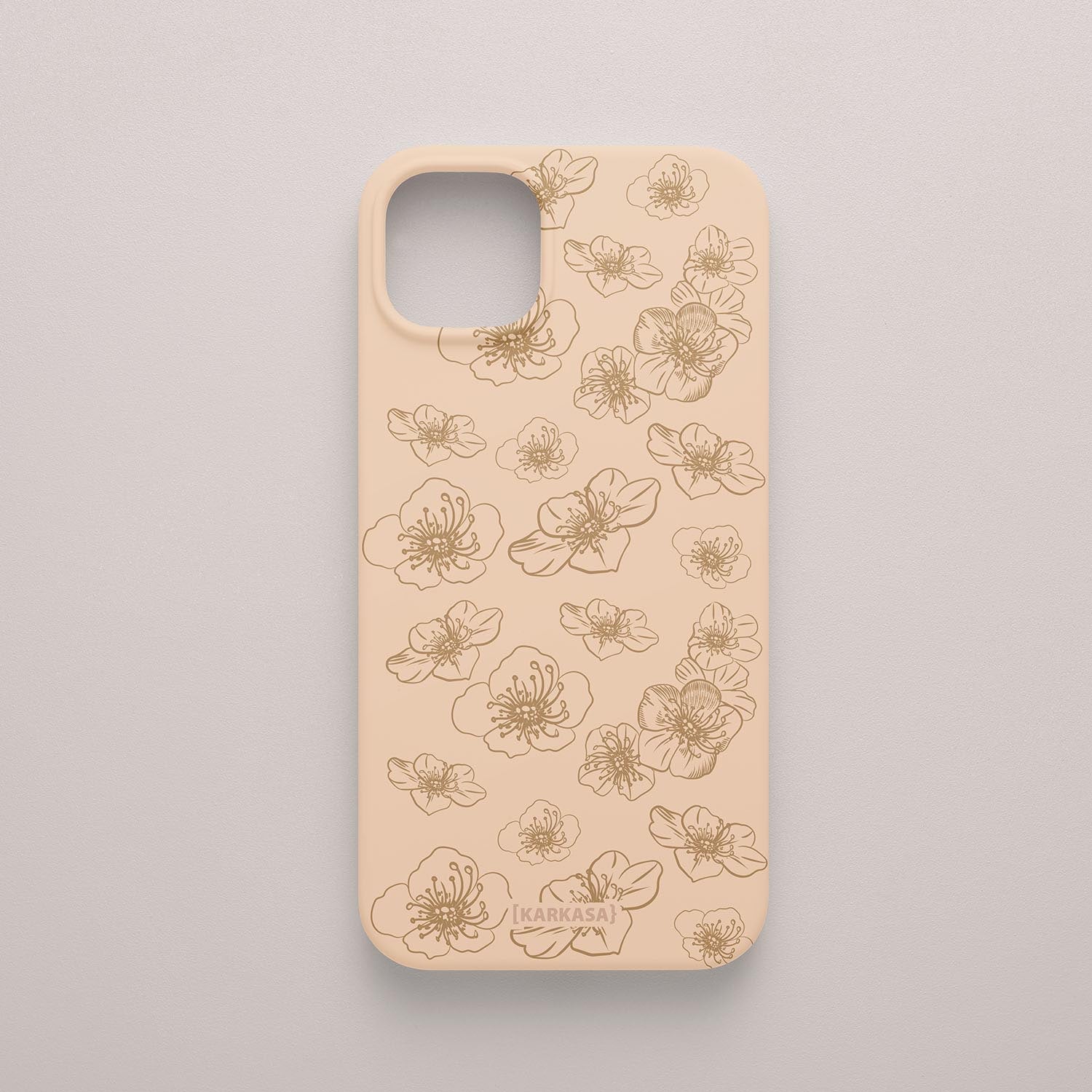 Funda KARKASA Silk Touch  rosa nude con dibujo de flores exóticas en trazo lineal dorado. Carcasa mate de silicona estilo artístico.