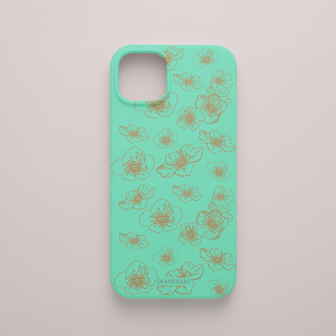 Funda KARKASA Silk Touch verde menta con dibujo de flores exóticas en trazo lineal dorado. Carcasa mate de silicona estilo artístico.