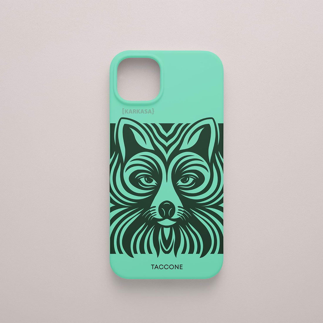 Funda KARKASA verde menta con ilustración geométrica moderna de una cabeza de zorro en color naranja, diseño de Gabriel Taccone.