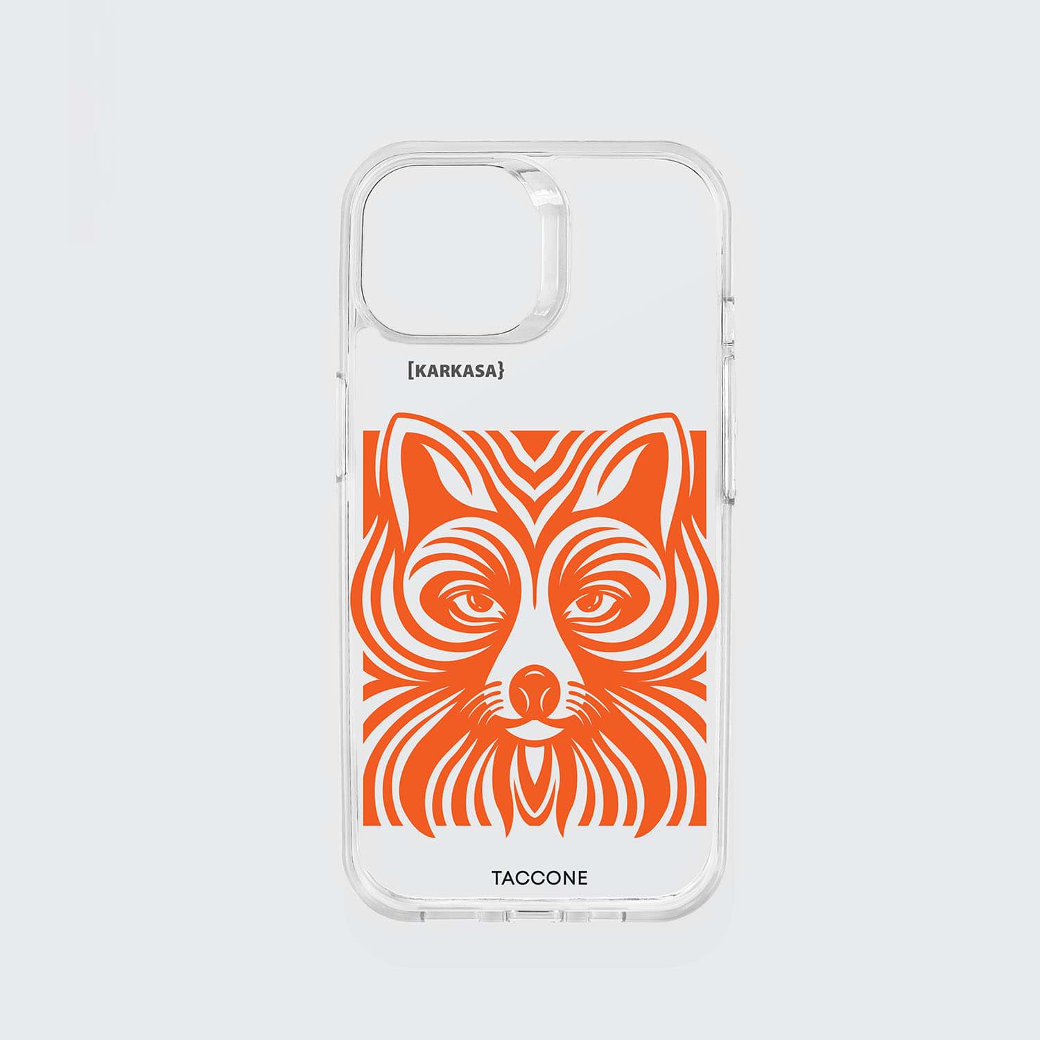 Funda KARKASA transparente antigolpes con ilustración geométrica moderna de una cabeza de zorro en color naranja, diseño de Gabriel Taccone.