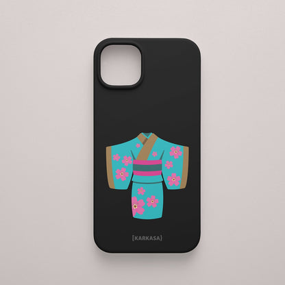 Funda KARKASA Silk Touch negra con ilustración artística de un kimono japonés turquesa con flores de cerezo. Carcasa de estilo oriental.