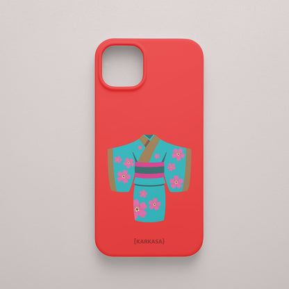 Funda KARKASA Silk Touch roja con ilustración artística de un kimono japonés turquesa con flores de cerezo. Carcasa de estilo oriental.