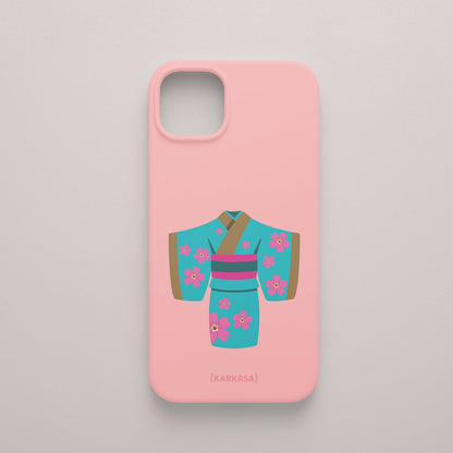 Funda KARKASA Silk Touch rosa chicle con ilustración artística de un kimono japonés turquesa con flores de cerezo. Carcasa de estilo oriental.