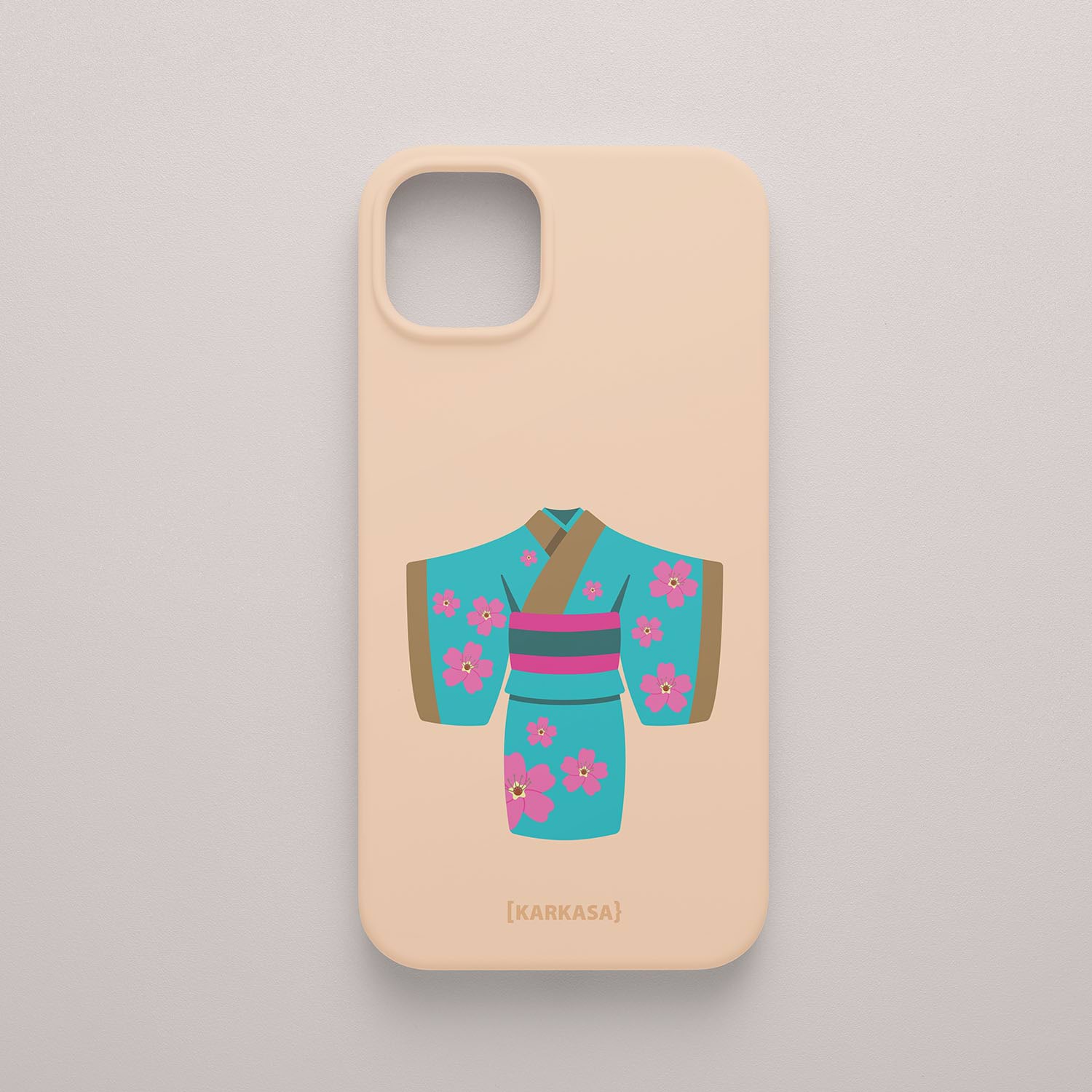 Funda KARKASA Silk Touch rosa nude con ilustración artística de un kimono japonés turquesa con flores de cerezo. Carcasa de estilo oriental.