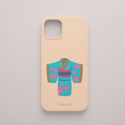 Funda KARKASA Silk Touch rosa nude con ilustración artística de un kimono japonés turquesa con flores de cerezo. Carcasa de estilo oriental.