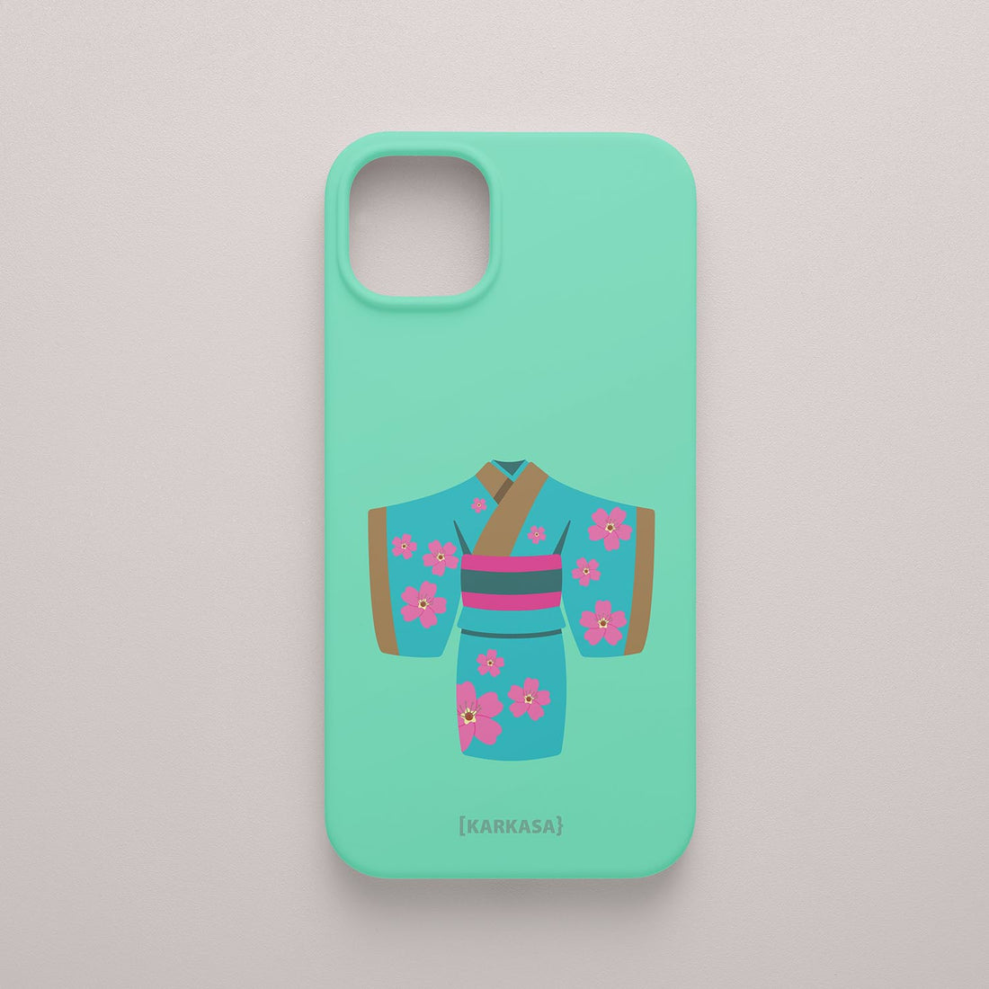 Funda KARKASA Silk Touch verde menta con ilustración artística de un kimono japonés turquesa con flores de cerezo. Carcasa de estilo oriental.
